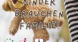 Kind mit Teddybär - Aufschrift: Kinder brauchen Familie, Einladung zu einer Infoveranstaltung in Idar-Oberstein am 24.02.2024